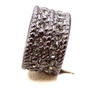 Wide Band Silver-Tone Gray Ring With Clear Rhinestones Size 9